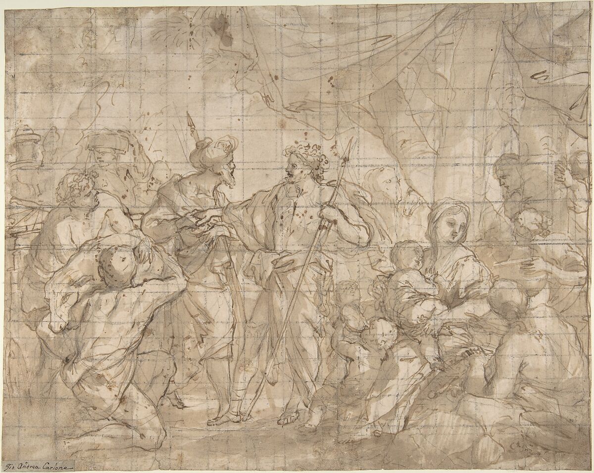 Old Testament Scene, Giovanni Andrea Carlone (Italian, Genoa 1639–1697 Genoa), Pen and brown ink, brush and brown wash, over black chalk; squared in black chalk 