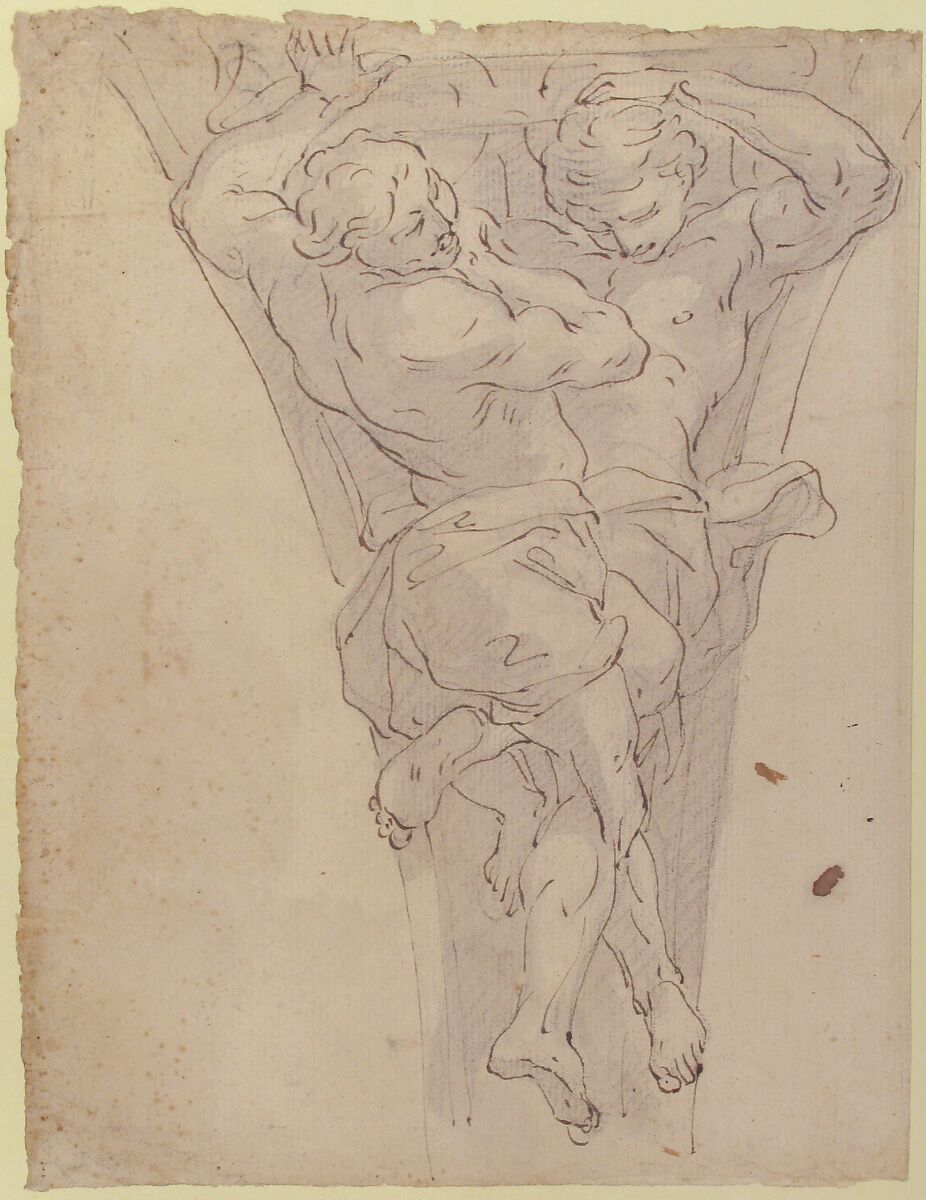 Two Partially Draped Male Figures in a Pendentive, attributed to Giovanni Battista Carlone (Italian, Genoa 1603–1684 Genoa), Pen and brown ink, brush and pale gray wash, over black chalk