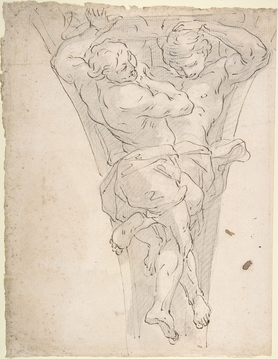 Two Partially Draped Male Figures in a Pendentive, attributed to Giovanni Battista Carlone (Italian, Genoa 1603–1684 Genoa), Pen and brown ink, brush and pale gray wash, over black chalk 