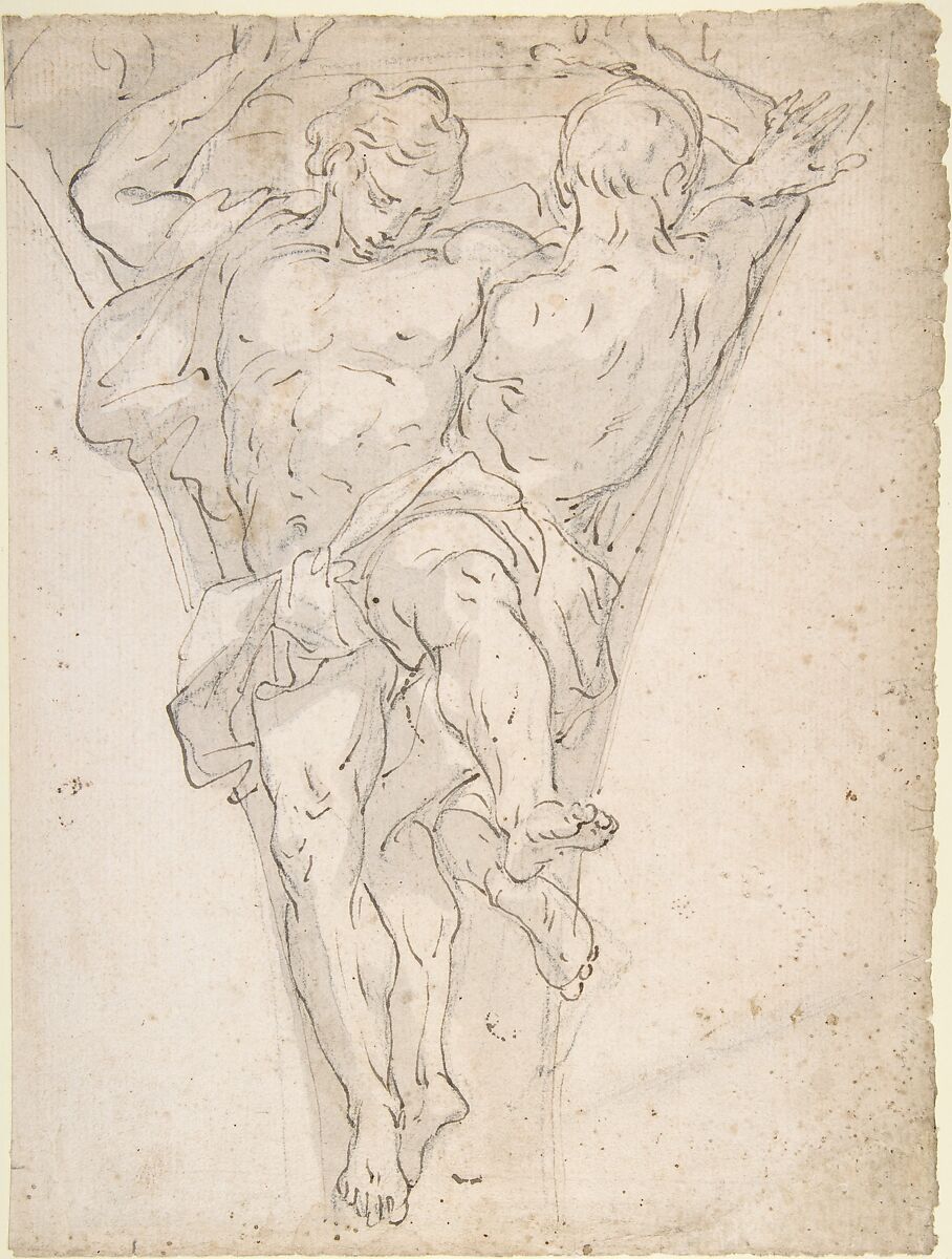 Two Partially Draped Male Figures in a Pendentive, attributed to Giovanni Battista Carlone (Italian, Genoa 1603–1684 Genoa), Pen and brown ink, brush and pale gray wash, over black chalk 