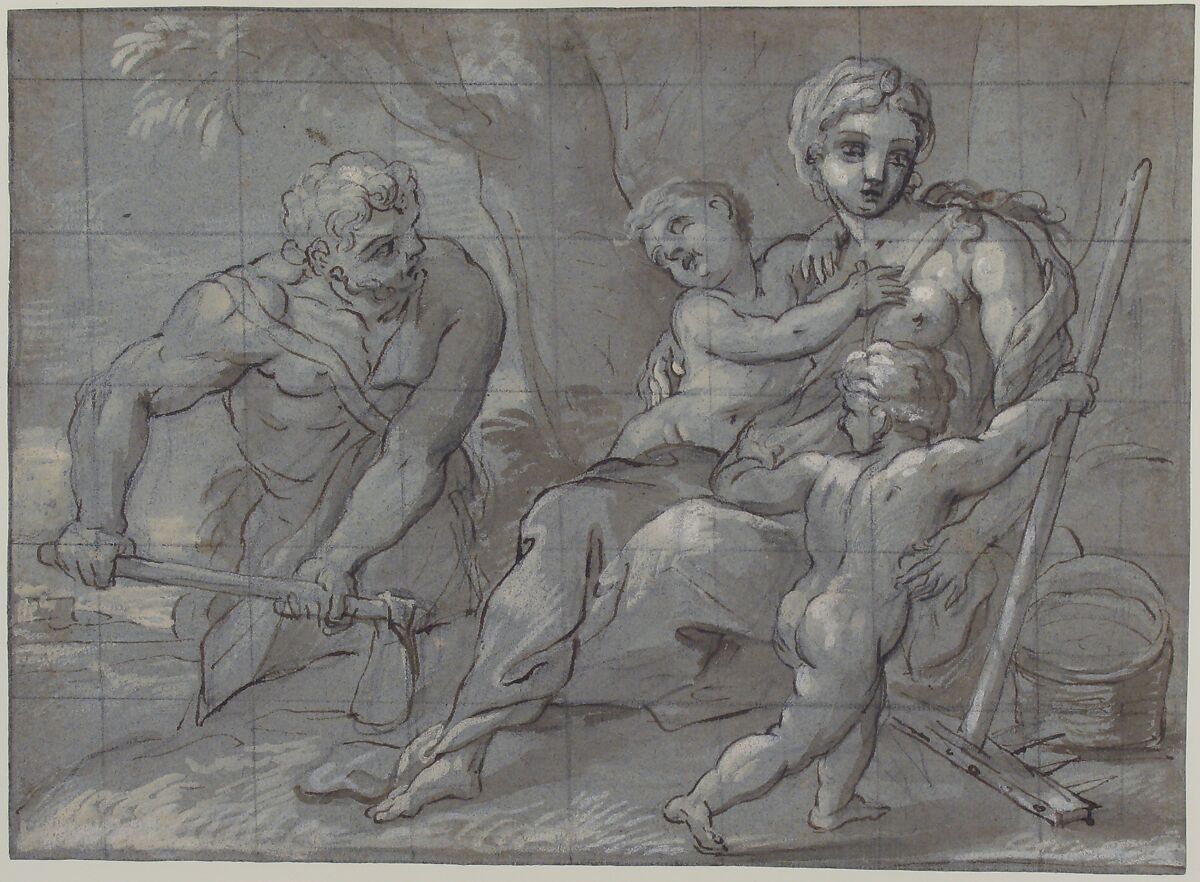 Adam and Eve after Their Expulsion with the Infants Cain and Abel, Giovanni Andrea Carlone (Italian, Genoa 1639–1697 Genoa), Pen and brown ink, brush and pale brown wash, highlighted with white, over black chalk; squared in black chalk