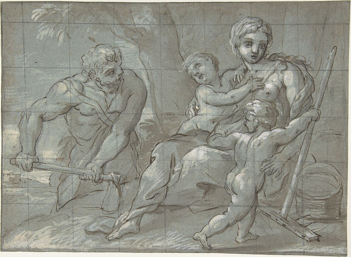 Adam and Eve after Their Expulsion with the Infants Cain and Abel, Giovanni Andrea Carlone (Italian, Genoa 1639–1697 Genoa), Pen and brown ink, brush and pale brown wash, highlighted with white, over black chalk; squared in black chalk 