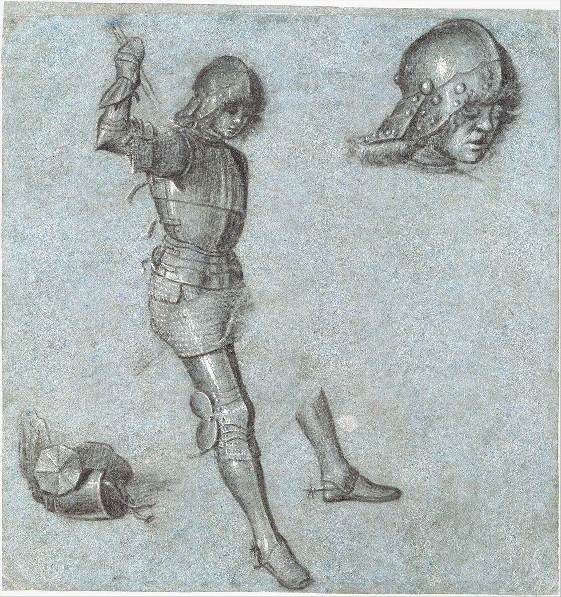Studies of a Seated Youth in Armor, Vittore Carpaccio (Italian, Venice 1460/66?–1525/26 Venice), Black chalk, point of brush and gray wash, highlighted with white gouache, on blue paper