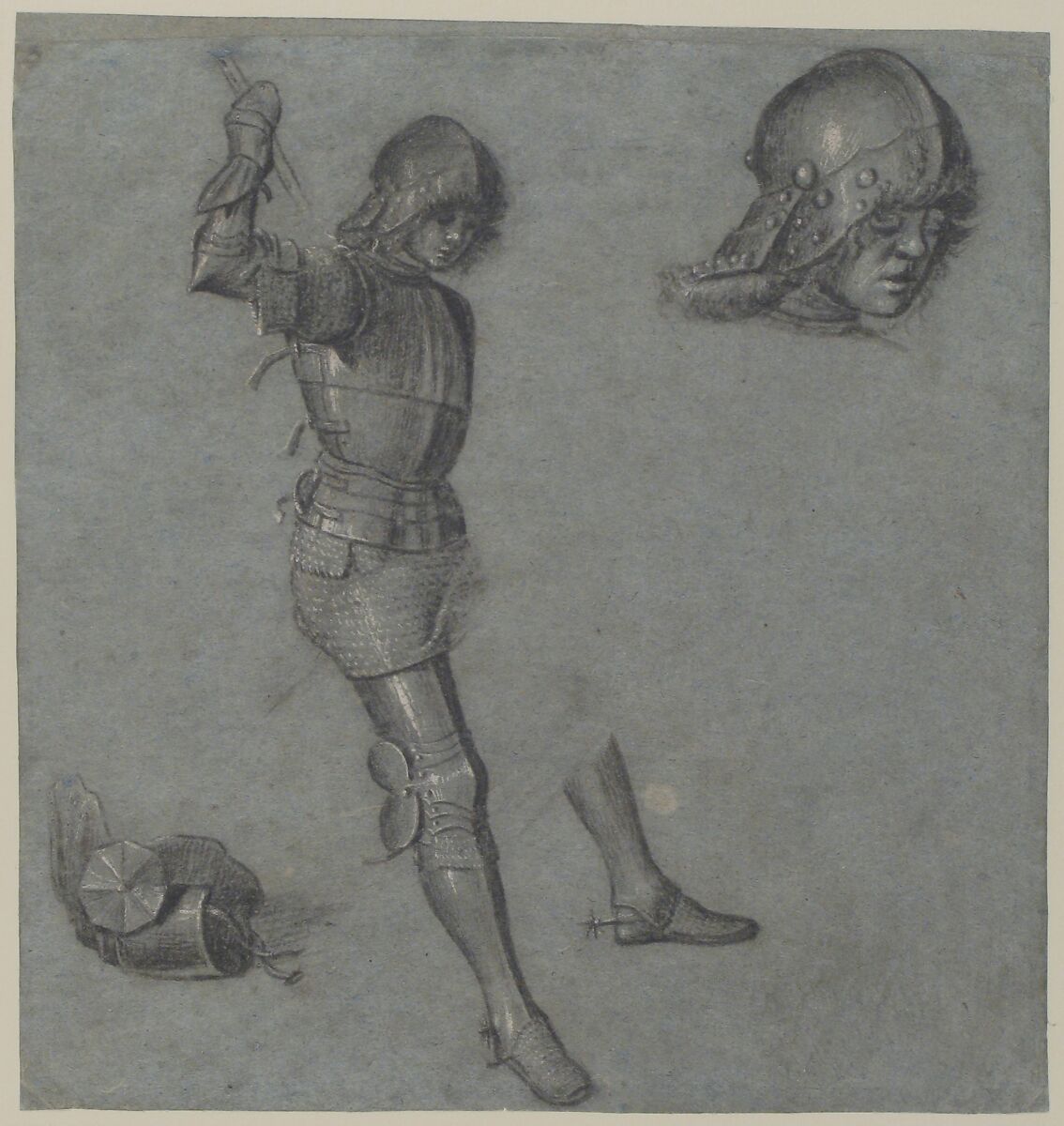 Studies of a Seated Youth in Armor, Vittore Carpaccio (Italian, Venice 1460/66?–1525/26 Venice), Black chalk, point of brush and gray wash, highlighted with white gouache, on blue paper