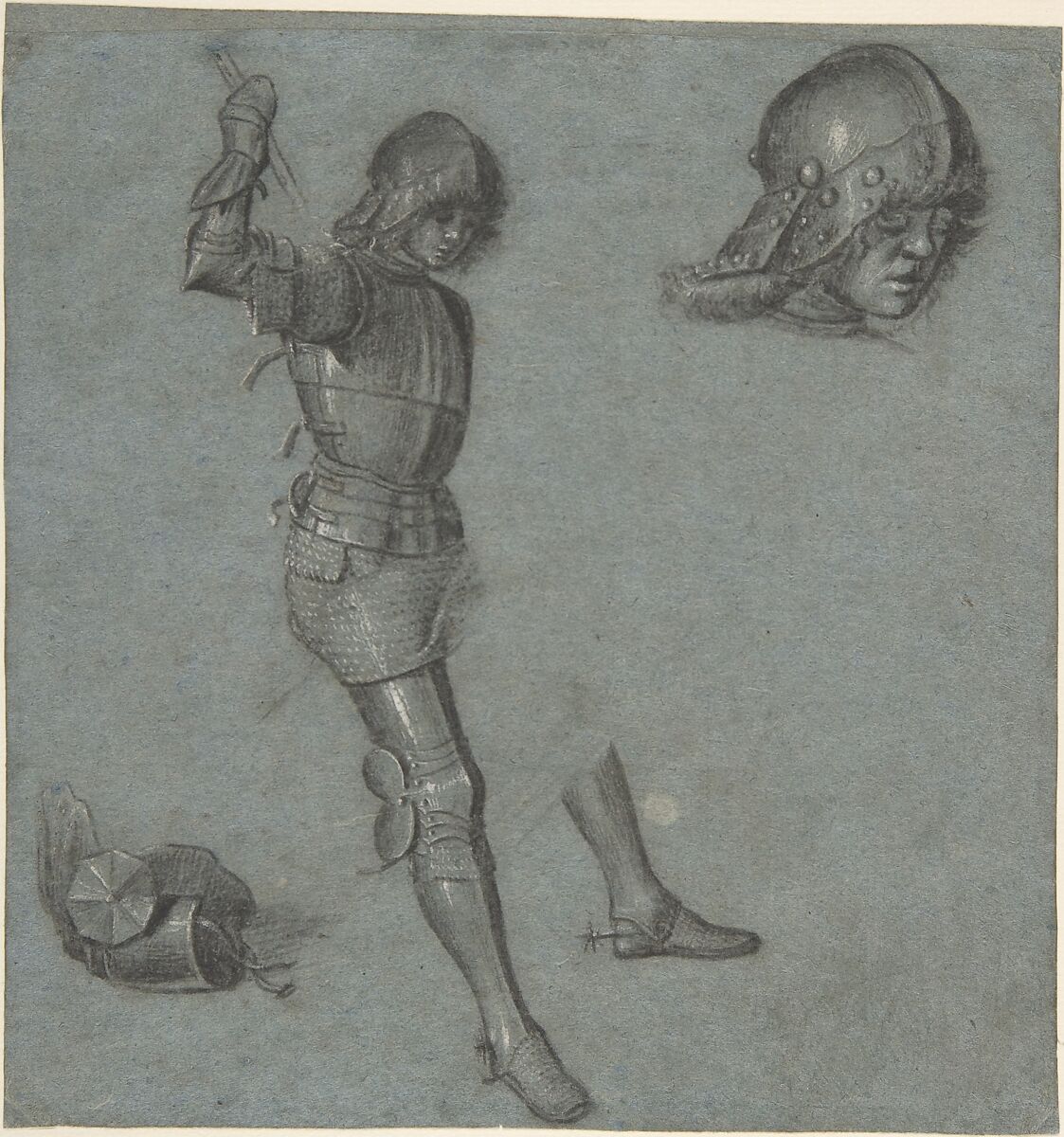 Studies of a Seated Youth in Armor, Vittore Carpaccio (Italian, Venice 1460/66?–1525/26 Venice), Black chalk, point of brush and gray wash, highlighted with white gouache, on blue paper 