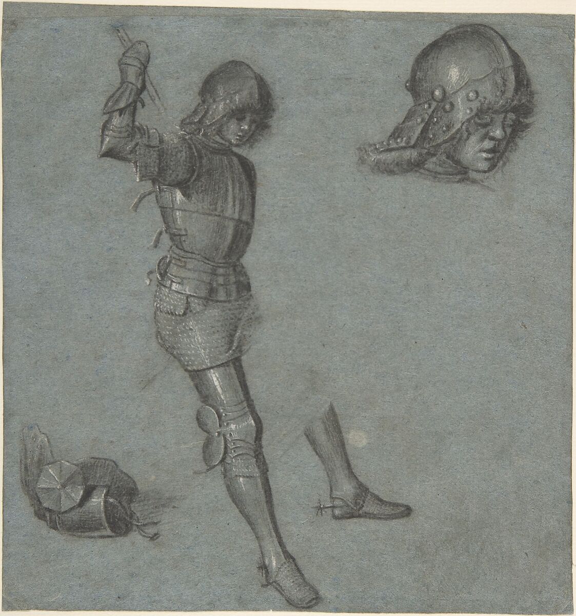 Studies of a Seated Youth in Armor, Vittore Carpaccio  Italian, Black chalk, point of brush and gray wash, highlighted with white gouache, on blue paper