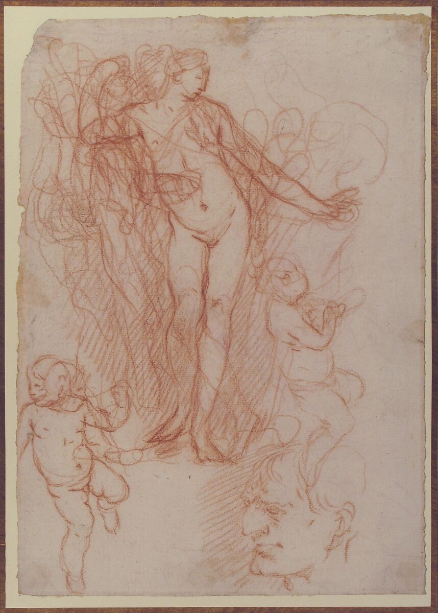 (R.)Figure Studies: Standing Nude Figure, Putti, and a Man's Head (V.) Figure Studies: A Flying and a Standing Man, Giulio Carpioni (Italian, Venice 1613–1678 Venice), Red chalk (recto and verso)