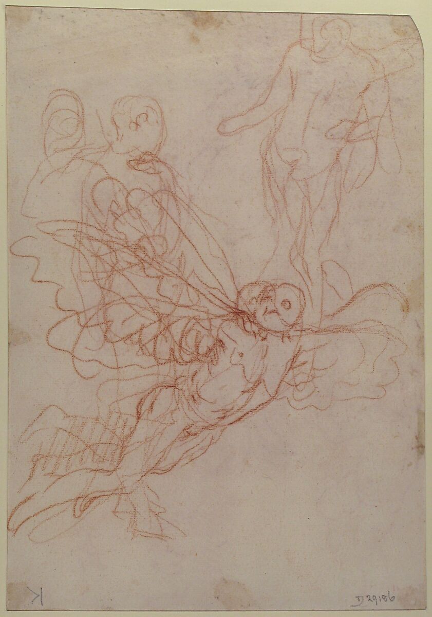 (R.)Figure Studies: Standing Nude Figure, Putti, and a Man's Head (V.) Figure Studies: A Flying and a Standing Man, Giulio Carpioni (Italian, Venice 1613–1678 Venice), Red chalk (recto and verso)