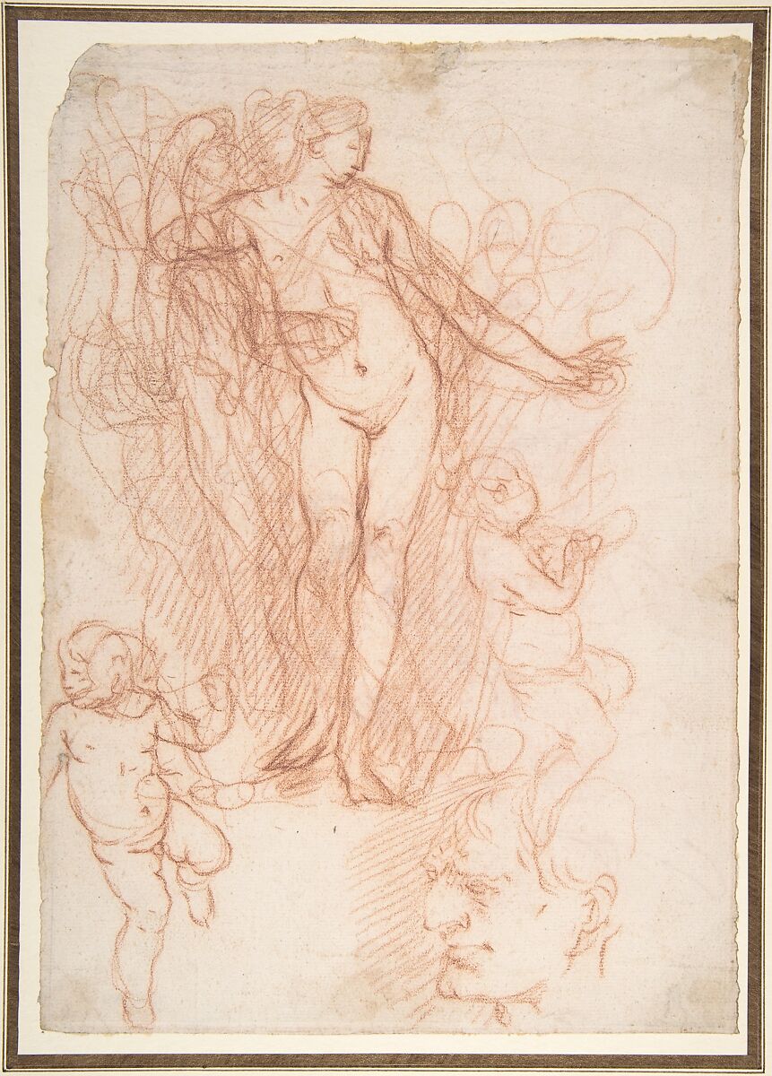 (R.)Figure Studies: Standing Nude Figure, Putti, and a Man's Head (V.) Figure Studies: A Flying and a Standing Man, Giulio Carpioni (Italian, Venice 1613–1678 Venice), Red chalk (recto and verso) 