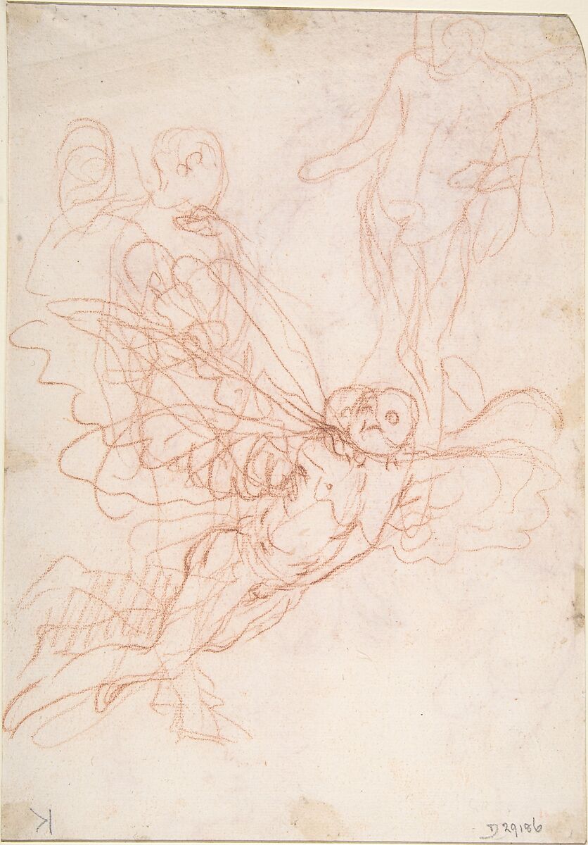 (R.)Figure Studies: Standing Nude Figure, Putti, and a Man's Head (V.) Figure Studies: A Flying and a Standing Man, Giulio Carpioni (Italian, Venice 1613–1678 Venice), Red chalk (recto and verso)