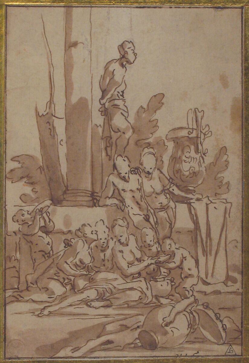 Bacchanalian Group with Children Drinking, Giulio Carpioni (Italian, Venice 1613–1678 Venice), Pen and brown ink, brush and brown wash.