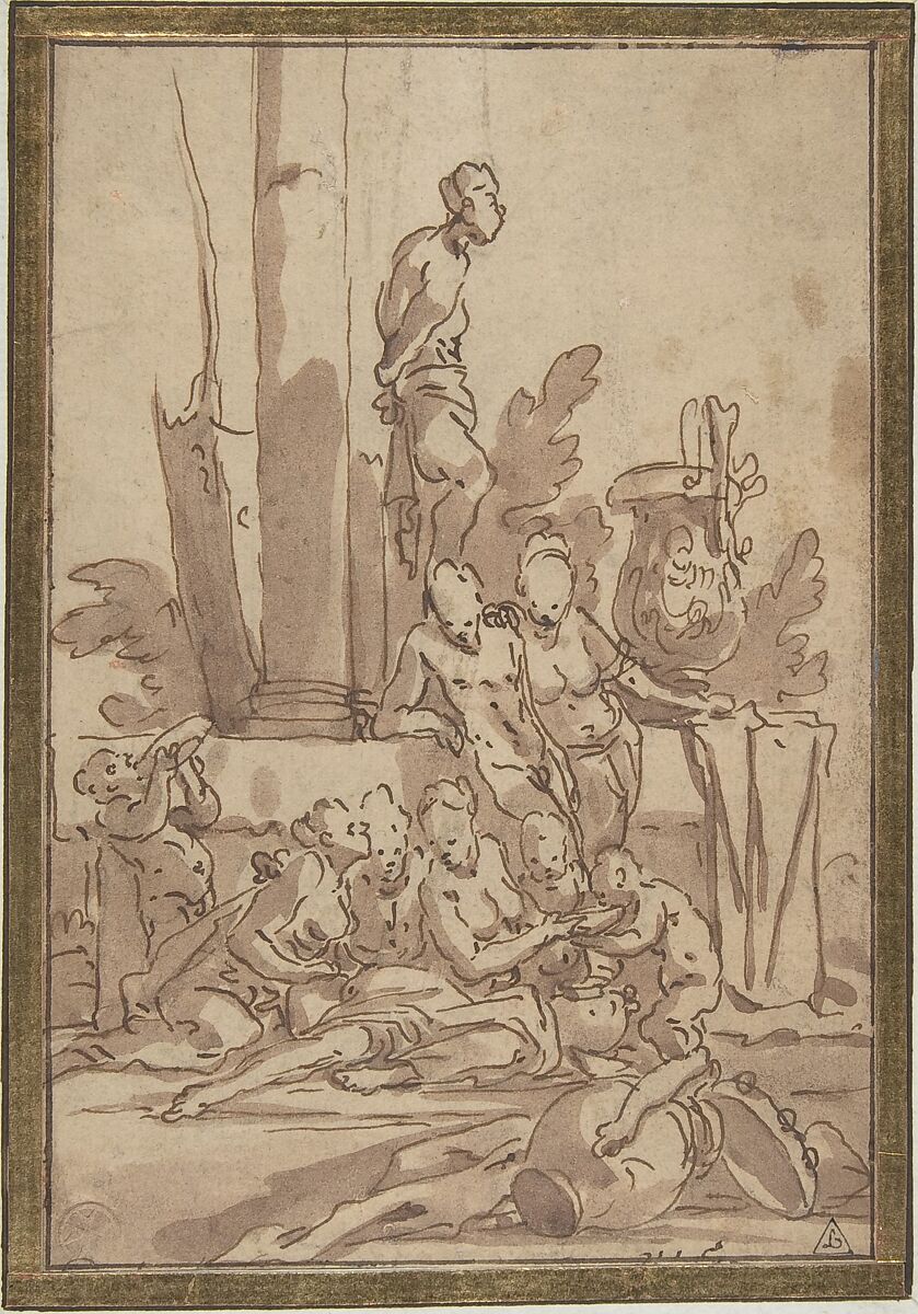 Bacchanalian Group with Children Drinking, Giulio Carpioni (Italian, Venice 1613–1678 Venice), Pen and brown ink, brush and brown wash. 