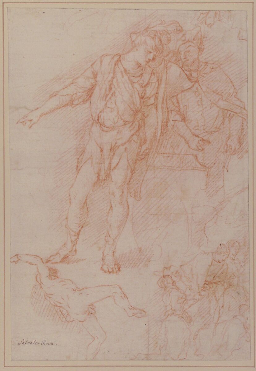 Figure Studies: Men Standing by a Large Vase, a Falling Nude Figure, and Other Figures, Giulio Carpioni (Italian, Venice 1613–1678 Venice), Red chalk