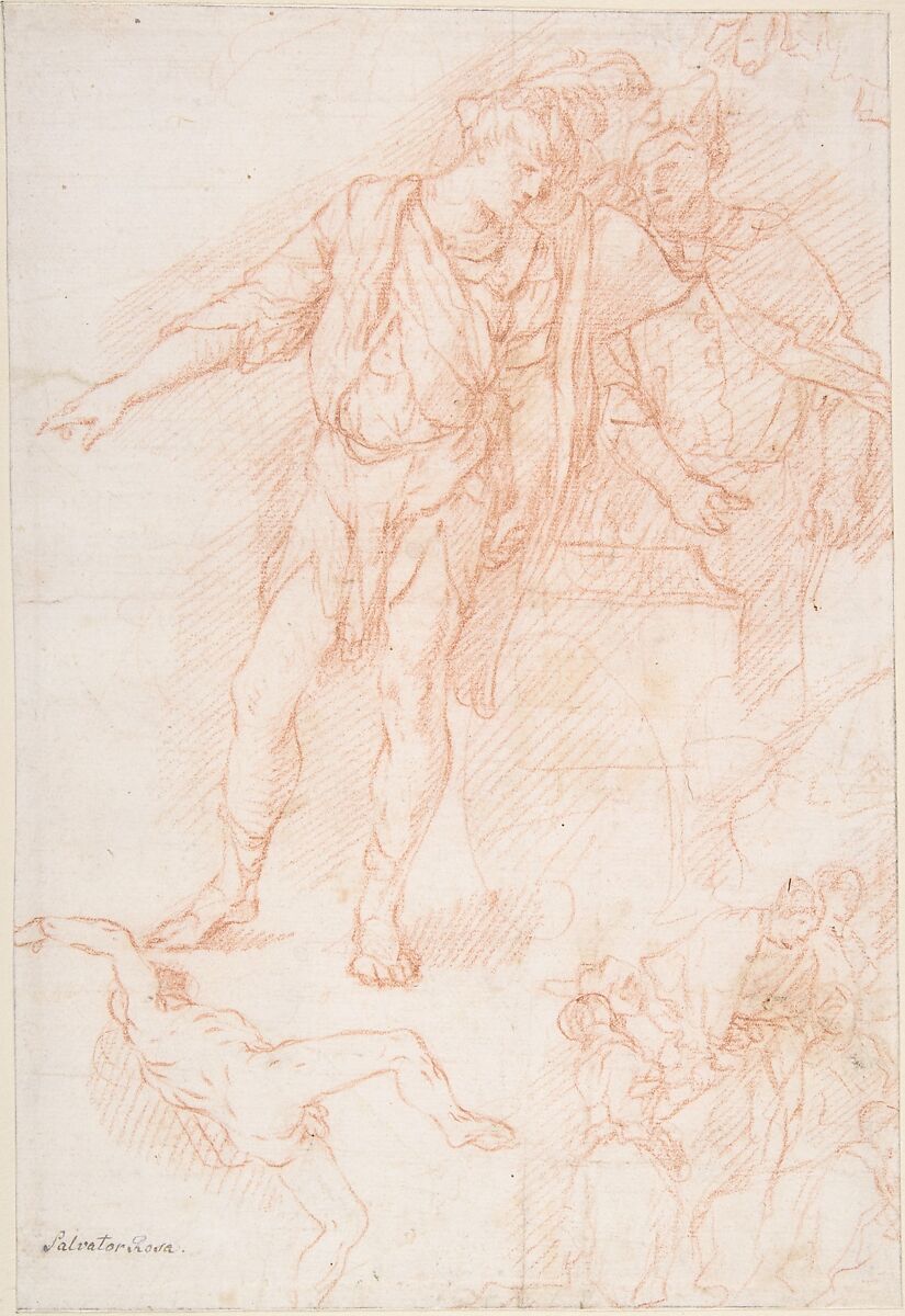 Figure Studies: Men Standing by a Large Vase, a Falling Nude Figure, and Other Figures, Giulio Carpioni (Italian, Venice 1613–1678 Venice), Red chalk 