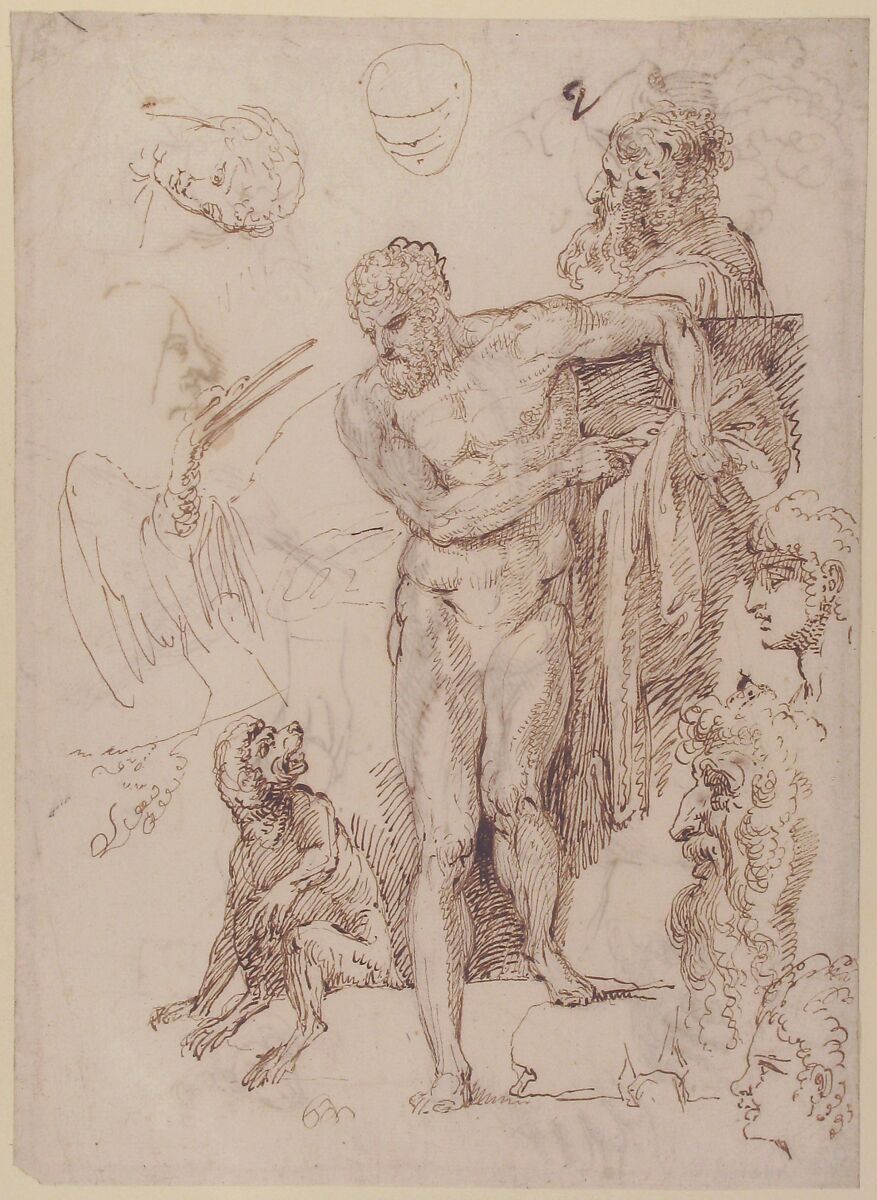 Studies and Sketches for Figures: Standing Male Nude in Frontal View, Male Heads, Seated Monkey, and a Long-Beaked Bird (a Stork?) (recto); Figure Studies:  Back View of Standing Male and Female Heads, a Flying Long-Beaked Bird, etc. (verso), Agostino Carracci (Italian, Bologna 1557–1602 Parma), Pen and brown ink, over traces of leadpoint or soft black chalk (recto and verso)