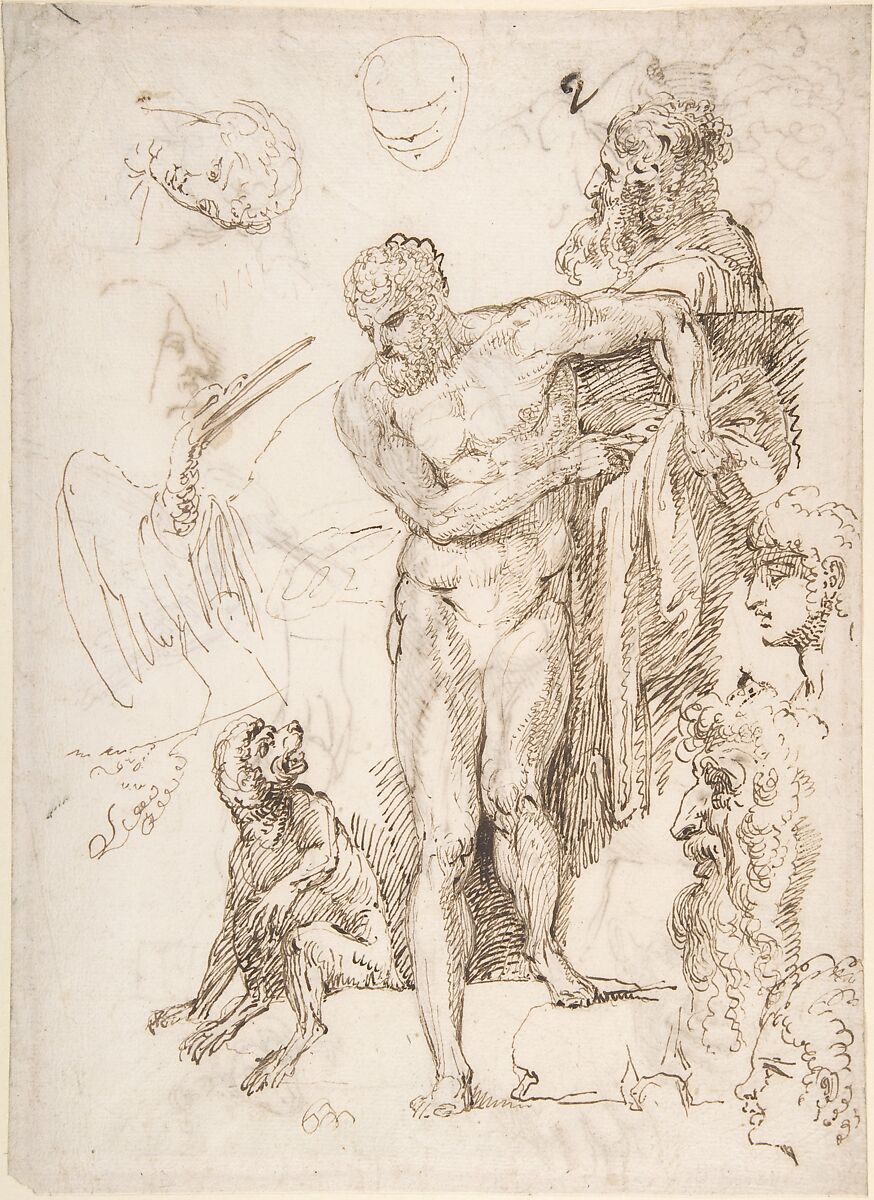Studies and Sketches for Figures: Standing Male Nude in Frontal View, Male Heads, Seated Monkey, and a Long-Beaked Bird (a Stork?) (recto); Figure Studies:  Back View of Standing Male and Female Heads, a Flying Long-Beaked Bird, etc. (verso), Agostino Carracci (Italian, Bologna 1557–1602 Parma), Pen and brown ink, over traces of leadpoint or soft black chalk (recto and verso) 