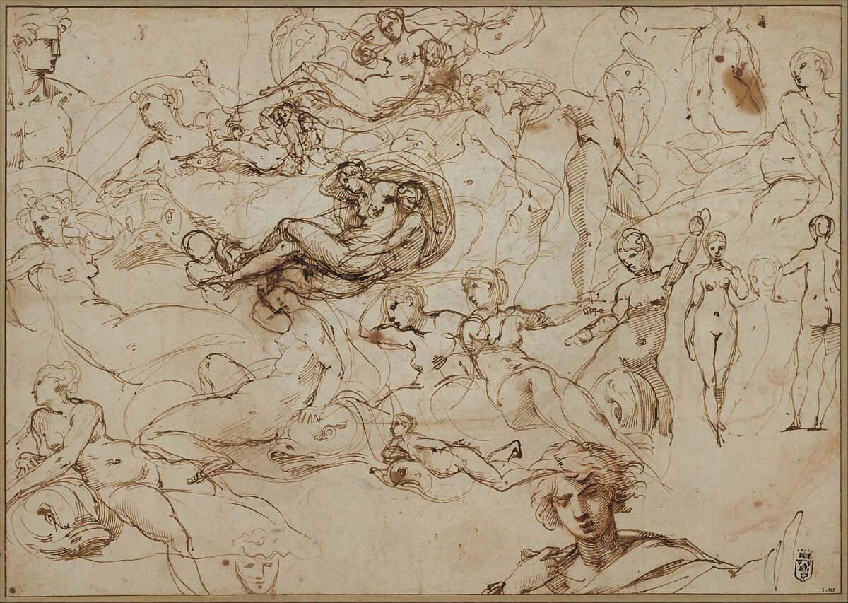 Figure Studies for Various Female and Male Figures (recto); Threes Amors in the Garden of Venus (verso), Agostino Carracci (Italian, Bologna 1557–1602 Parma), Pen and brown ink, some sketches over red chalk, some faint scribbles in charcoal (recto); pen and brown ink, brush and gray-blue wash (verso) 