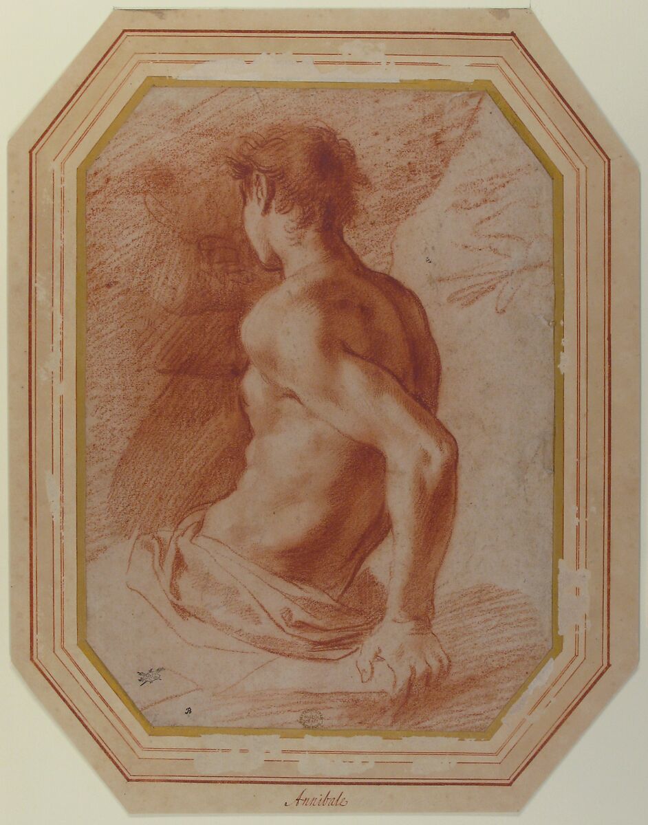 Back View of a Seated Nude Youth Facing Left, Annibale Carracci (Italian, Bologna 1560–1609 Rome), Red chalk, with traces of highlights in white chalk (?)