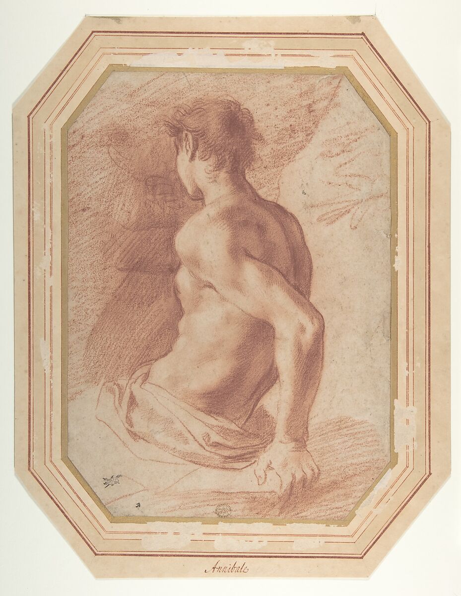 Back View of a Seated Nude Youth Facing Left, Annibale Carracci (Italian, Bologna 1560–1609 Rome), Red chalk, with traces of highlights in white chalk (?) 