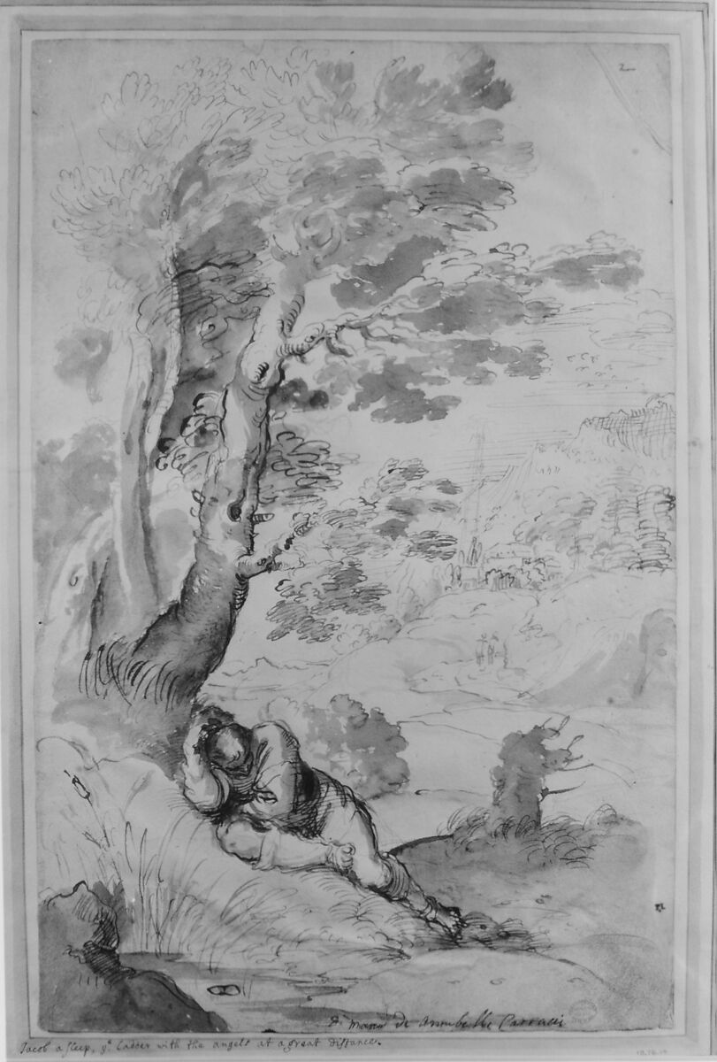 Landscape with Jacob Sleeping, Annibale Carracci (Italian, Bologna 1560–1609 Rome), Pen and two tones of brown ink, brush and gray-brown wash, over traces of leadpoint or black chalk