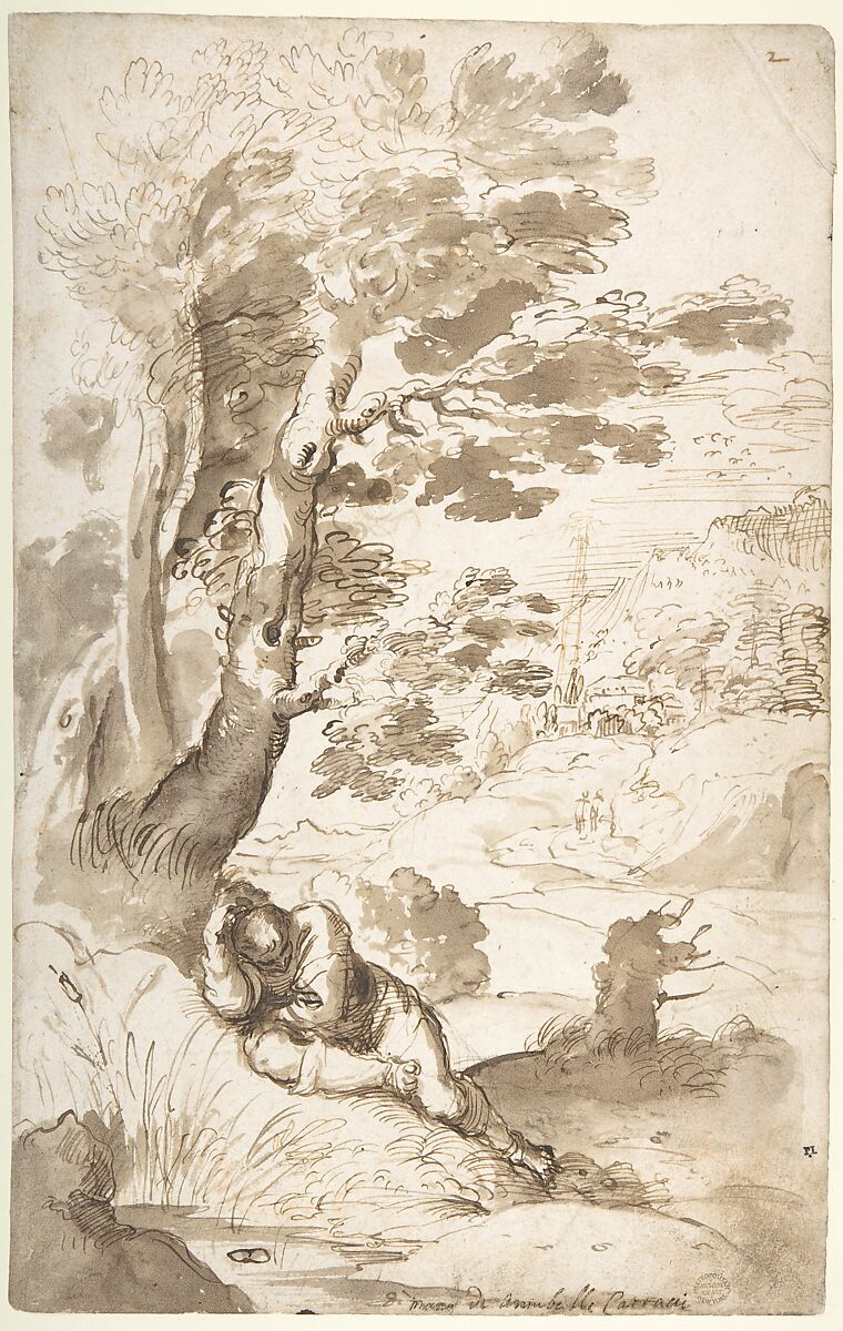 Landscape with Jacob Sleeping, Annibale Carracci (Italian, Bologna 1560–1609 Rome), Pen and two tones of brown ink, brush and gray-brown wash, over traces of leadpoint or black chalk 