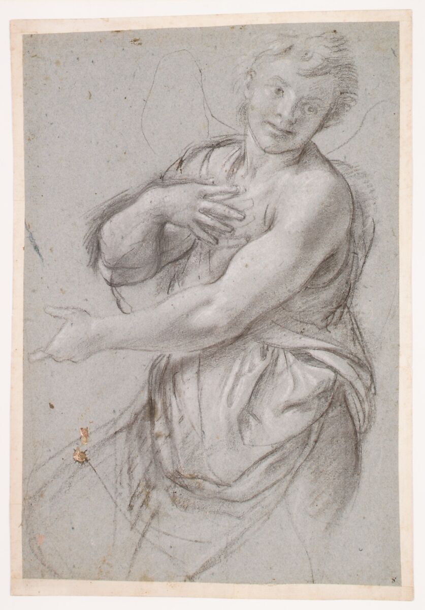 Study for an Angel (recto); Study of a Cushion (verso), Annibale Carracci (Italian, Bologna 1560–1609 Rome), Charcoal or soft black chalk, highlighted with white chalk, on blue paper; several scattered stains of rose-colored paint at lower left (recto); black chalk with some white chalk highlights (verso)