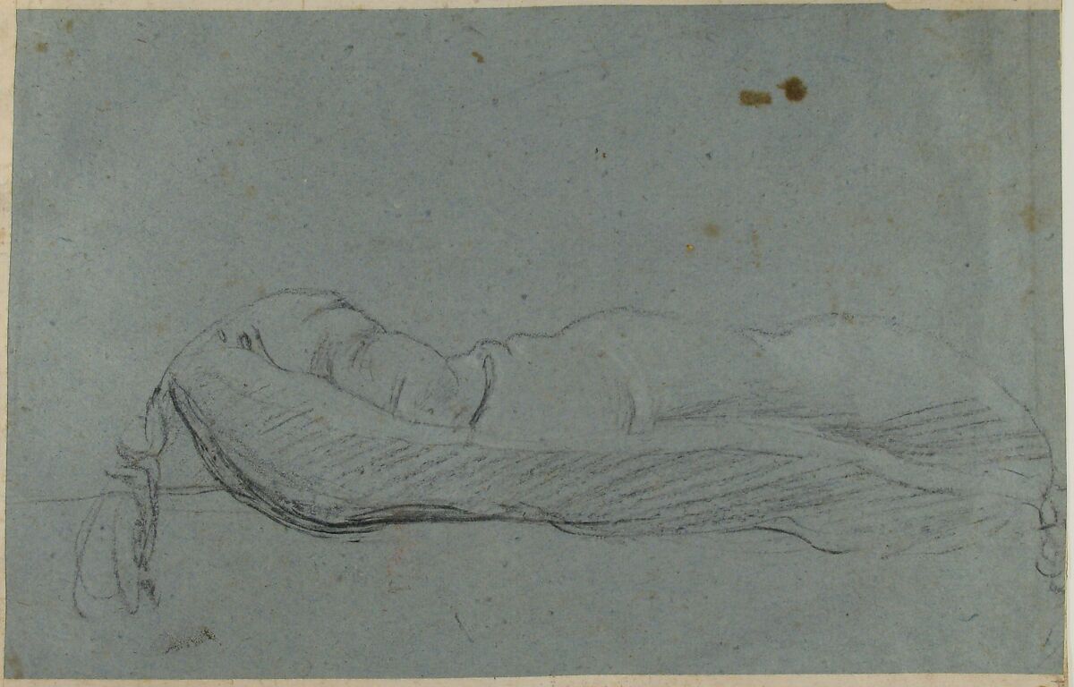 Study for an Angel (recto); Study of a Cushion (verso), Annibale Carracci (Italian, Bologna 1560–1609 Rome), Charcoal or soft black chalk, highlighted with white chalk, on blue paper; several scattered stains of rose-colored paint at lower left (recto); black chalk with some white chalk highlights (verso)