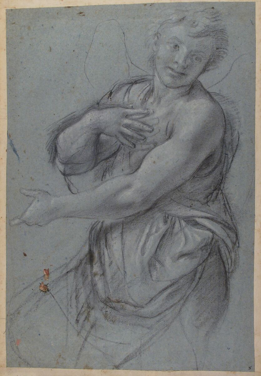 Study for an Angel (recto); Study of a Cushion (verso), Annibale Carracci (Italian, Bologna 1560–1609 Rome), Charcoal or soft black chalk, highlighted with white chalk, on blue paper; several scattered stains of rose-colored paint at lower left (recto); black chalk with some white chalk highlights (verso)