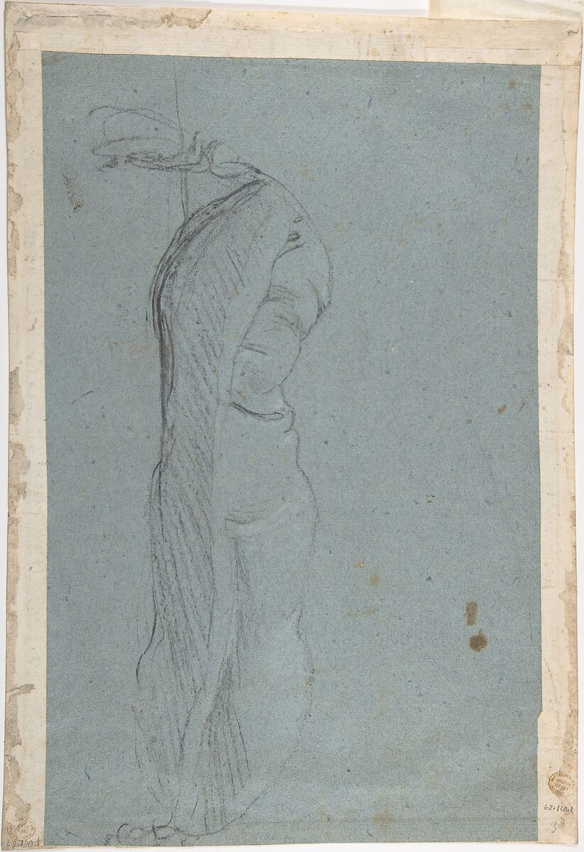 Study for an Angel (recto); Study of a Cushion (verso), Annibale Carracci (Italian, Bologna 1560–1609 Rome), Charcoal or soft black chalk, highlighted with white chalk, on blue paper; several scattered stains of rose-colored paint at lower left (recto); black chalk with some white chalk highlights (verso)