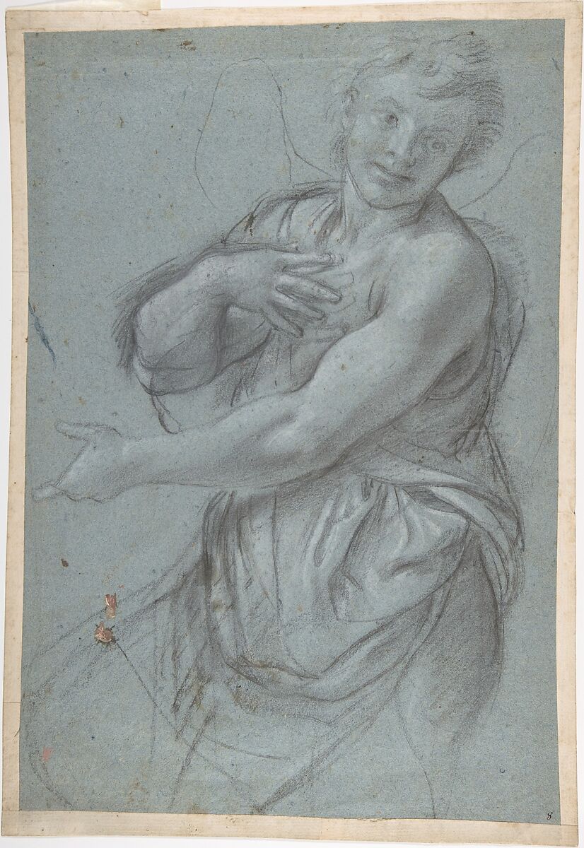Study for an Angel (recto); Study of a Cushion (verso), Annibale Carracci (Italian, Bologna 1560–1609 Rome), Charcoal or soft black chalk, highlighted with white chalk, on blue paper; several scattered stains of rose-colored paint at lower left (recto); black chalk with some white chalk highlights (verso) 