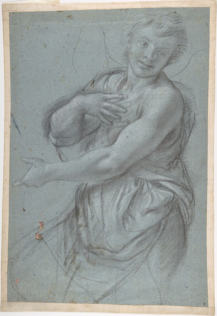 Study for an Angel (recto); Study of a Cushion (verso), Annibale Carracci  Italian, Charcoal or soft black chalk, highlighted with white chalk, on blue paper; several scattered stains of rose-colored paint at lower left (recto); black chalk with some white chalk highlights (verso)