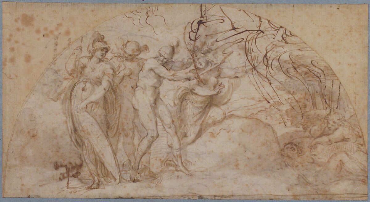 Perseus Beheading Medusa (recto); Studies of a Child and Ornament Sketches (verso), Annibale Carracci (Italian, Bologna 1560–1609 Rome), Pen and brown ink, brush and brown wash, over black chalk or charcoal, scribbles in a darker brown ink at upper right (recto); pen and brown ink, brush and brown wash (verso)