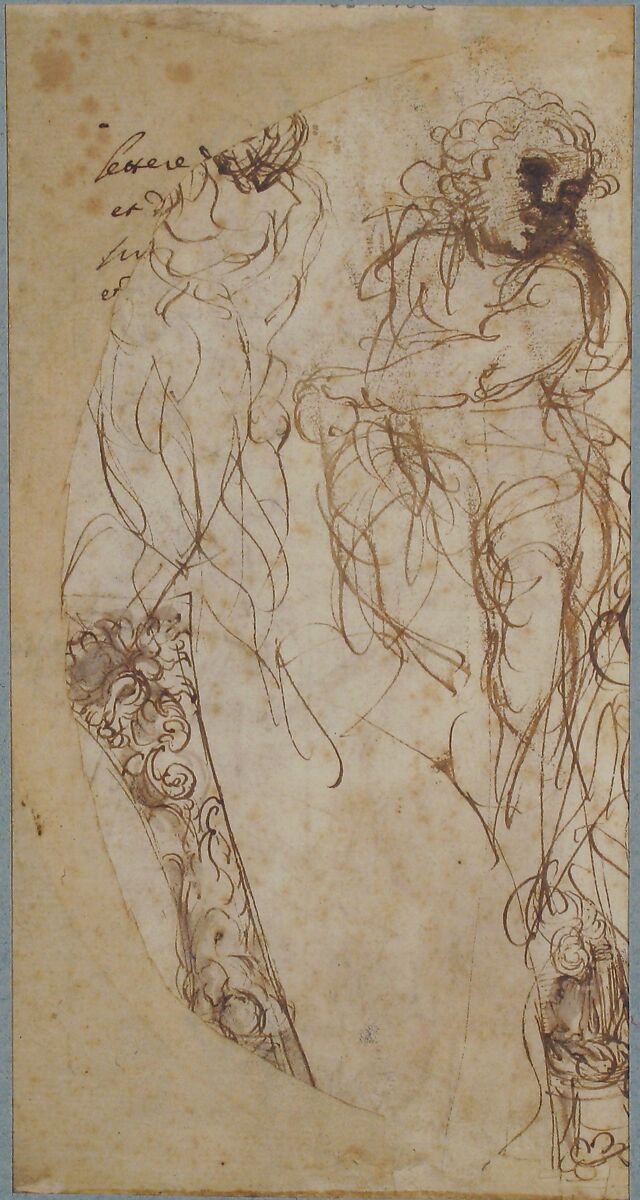 Perseus Beheading Medusa (recto); Studies of a Child and Ornament Sketches (verso), Annibale Carracci (Italian, Bologna 1560–1609 Rome), Pen and brown ink, brush and brown wash, over black chalk or charcoal, scribbles in a darker brown ink at upper right (recto); pen and brown ink, brush and brown wash (verso)