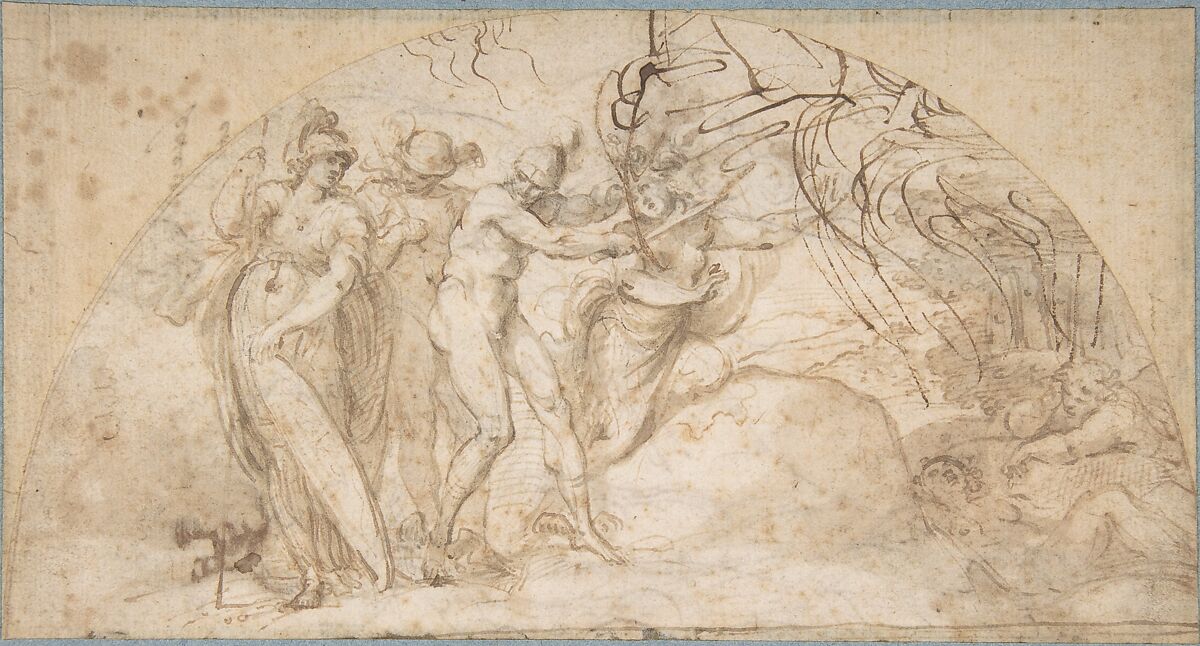 Perseus Beheading Medusa (recto); Studies of a Child and Ornament Sketches (verso), Annibale Carracci (Italian, Bologna 1560–1609 Rome), Pen and brown ink, brush and brown wash, over black chalk or charcoal, scribbles in a darker brown ink at upper right (recto); pen and brown ink, brush and brown wash (verso) 