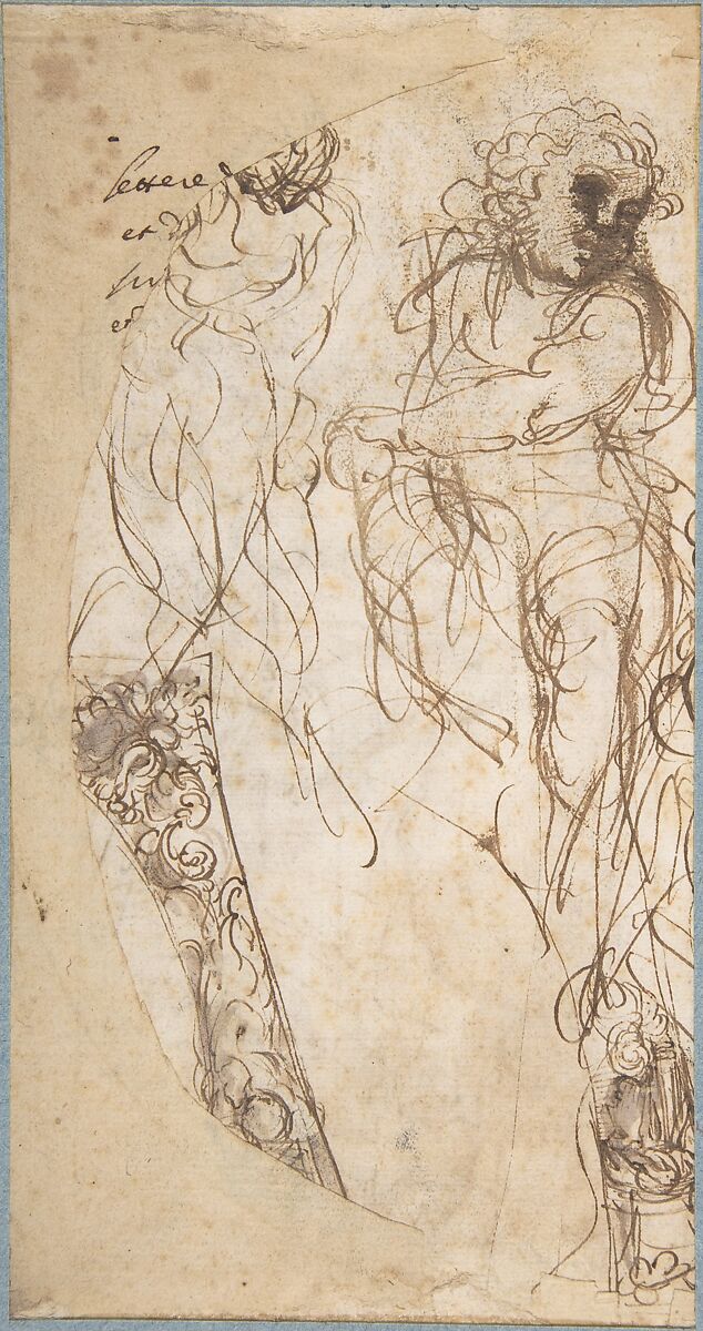 Perseus Beheading Medusa (recto); Studies of a Child and Ornament Sketches (verso), Annibale Carracci (Italian, Bologna 1560–1609 Rome), Pen and brown ink, brush and brown wash, over black chalk or charcoal, scribbles in a darker brown ink at upper right (recto); pen and brown ink, brush and brown wash (verso)