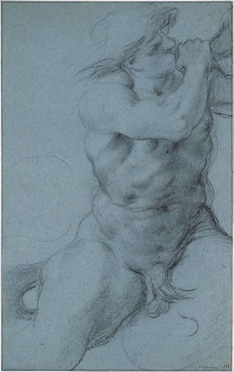 Triton Sounding a Conch Shell, Annibale Carracci (Italian, Bologna 1560–1609 Rome), Charcoal or soft black chalk; framing lines in pen and black ink and black chalk