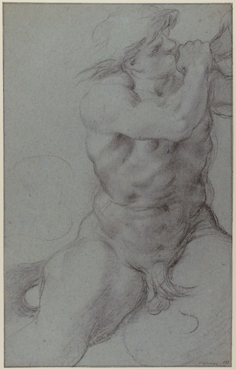 Triton Sounding a Conch Shell, Annibale Carracci (Italian, Bologna 1560–1609 Rome), Charcoal or soft black chalk; framing lines in pen and black ink and black chalk
