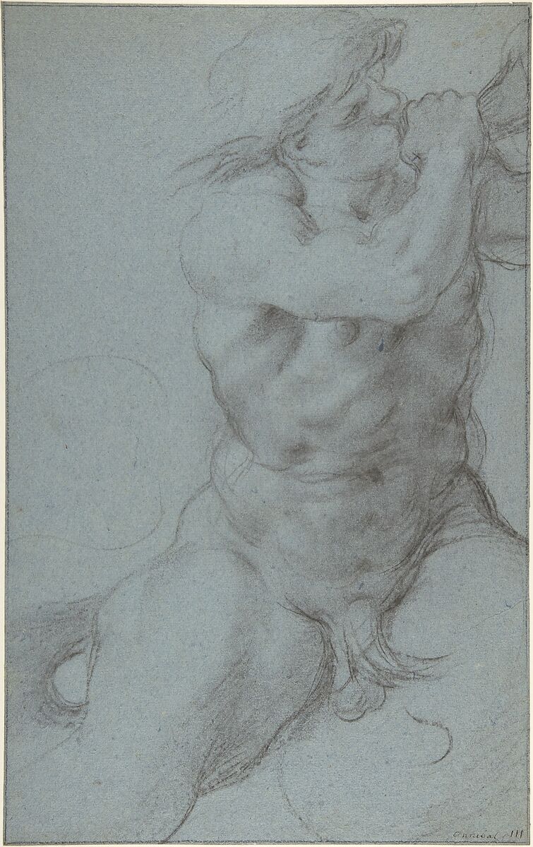 Triton Sounding a Conch Shell, Annibale Carracci (Italian, Bologna 1560–1609 Rome), Charcoal or soft black chalk on blue-gray paper; traces of framing outlines in pen and black ink and black chalk 