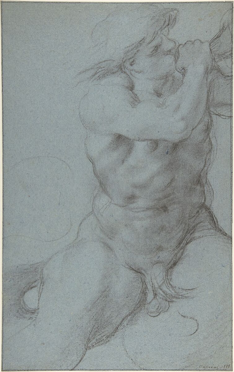 Triton Sounding a Conch Shell, Annibale Carracci  Italian, Charcoal or soft black chalk on blue-gray paper; traces of framing outlines in pen and black ink and black chalk