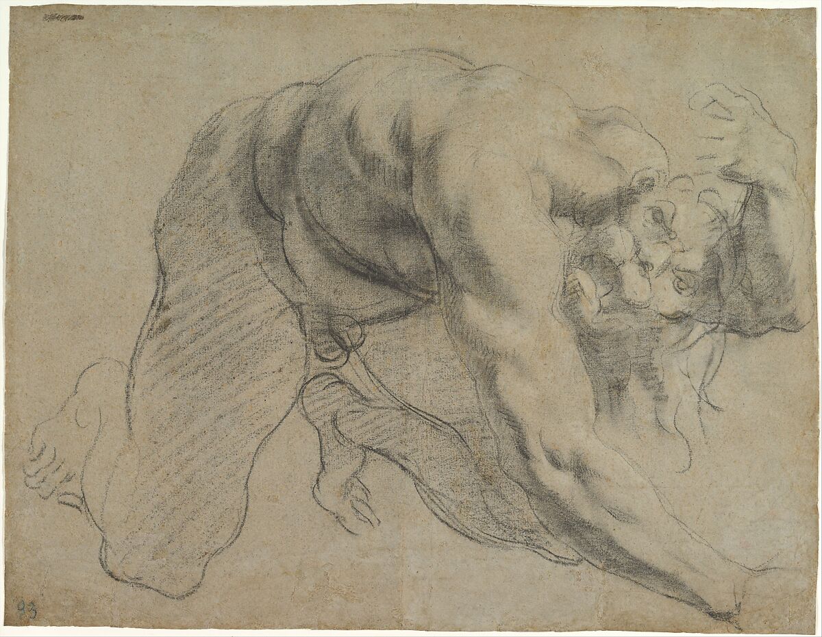 Crawling Male Figure (Study for Cacus), Annibale Carracci (Italian, Bologna 1560–1609 Rome), Charcoal or soft black chalk, highlighted with traces of white chalk, on blue-gray paper faded light brown 