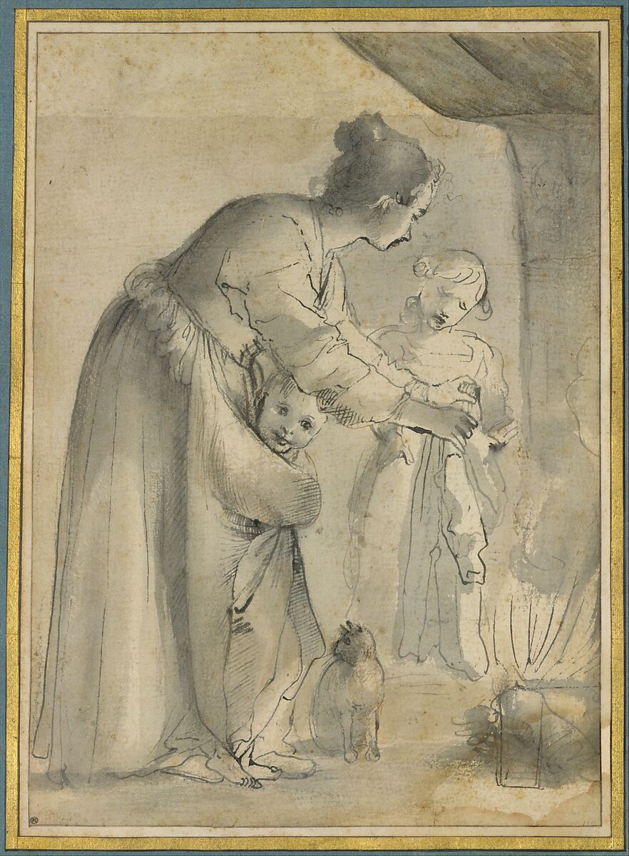 A Domestic Scene, Annibale Carracci (Italian, Bologna 1560–1609 Rome), Pen and with brown and gray-black ink, brush with gray and brown wash, over black chalk