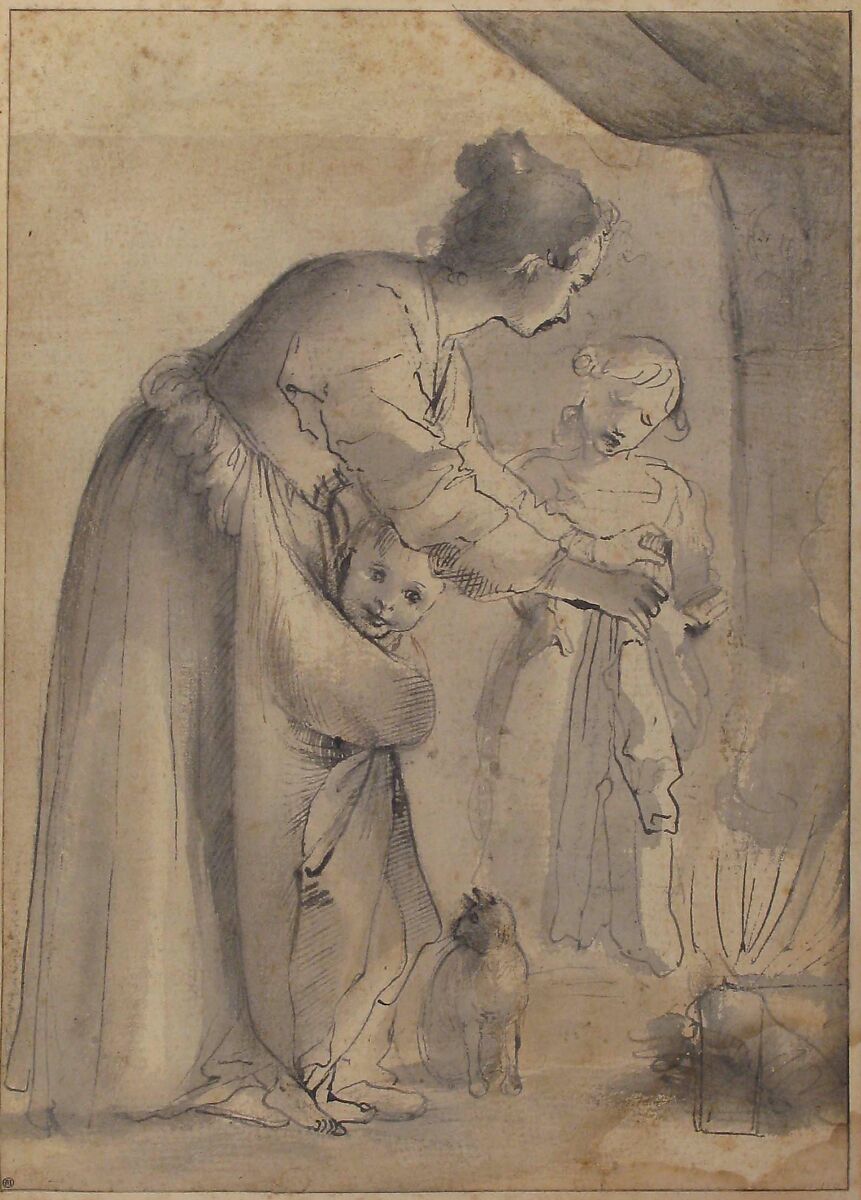 A Domestic Scene, Annibale Carracci (Italian, Bologna 1560–1609 Rome), Pen and with brown and gray-black ink, brush with gray and brown wash, over black chalk