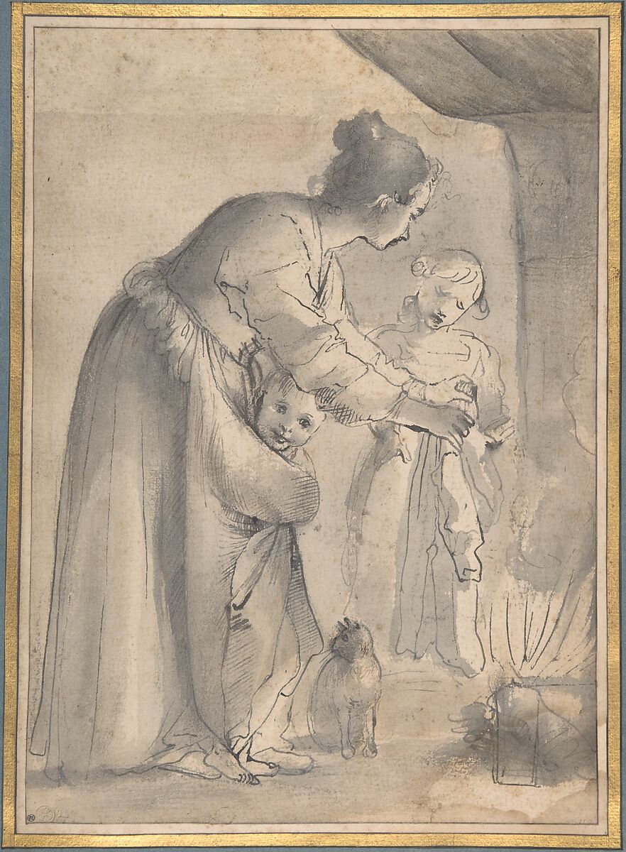 A Domestic Scene, Annibale Carracci (Italian, Bologna 1560–1609 Rome), Pen and with brown and gray-black ink, brush with gray and brown wash, over black chalk 