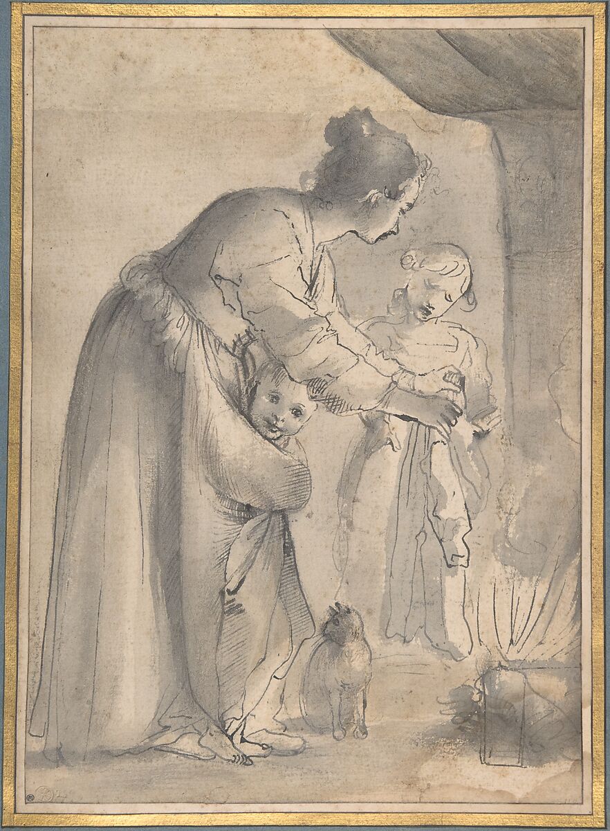 A Domestic Scene, Annibale Carracci  Italian, Pen and with brown and gray-black ink, brush with gray and brown wash, over black chalk