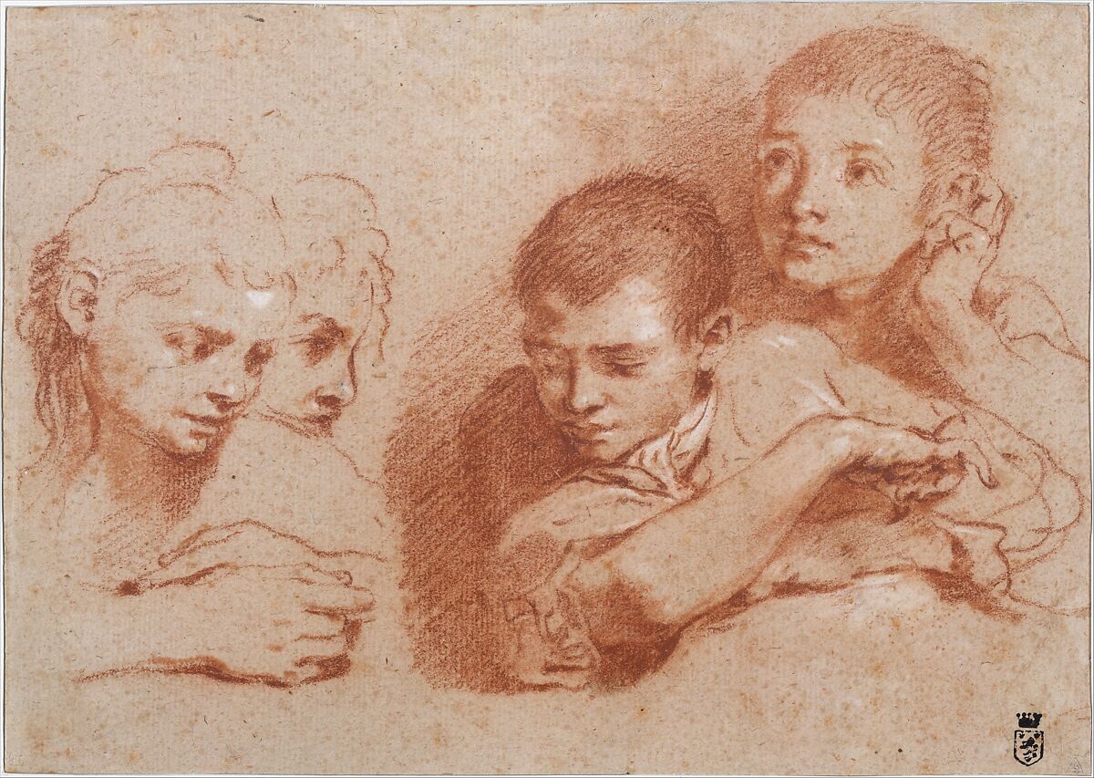 Studies of a Boy and a Girl (recto); Studies of Legs (verso), Traditionally ascribed to Annibale Carracci (Italian, Bologna 1560–1609 Rome), Red chalk, highlighted with white chalk, on beige paper (recto); black and red chalk (verso)