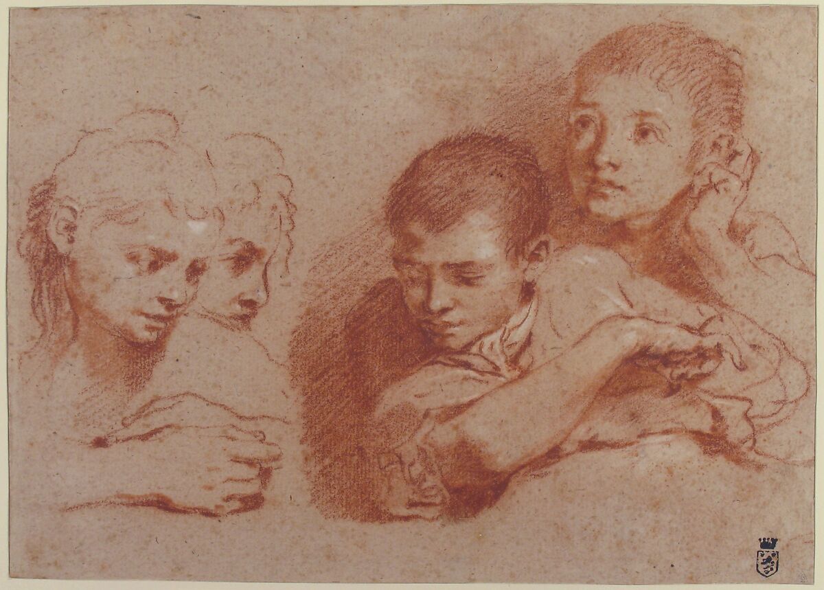 Studies of a Boy and a Girl (recto); Studies of Legs (verso), Traditionally ascribed to Annibale Carracci (Italian, Bologna 1560–1609 Rome), Red chalk, highlighted with white chalk, on beige paper (recto); black and red chalk (verso)