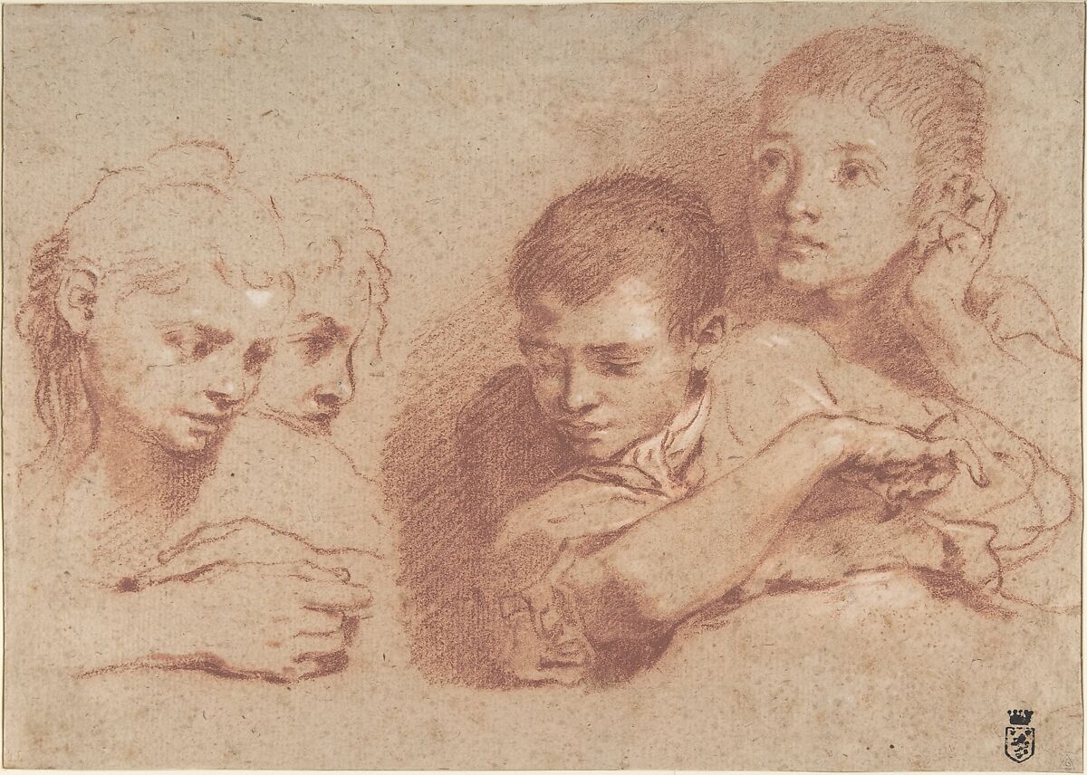 Studies of a Boy and a Girl (recto) Studies of Legs (verso), Traditionally ascribed to Annibale Carracci (Italian, Bologna 1560–1609 Rome), Red chalk, highlighted with white chalk, on beige paper (recto); black and red chalk (verso) 