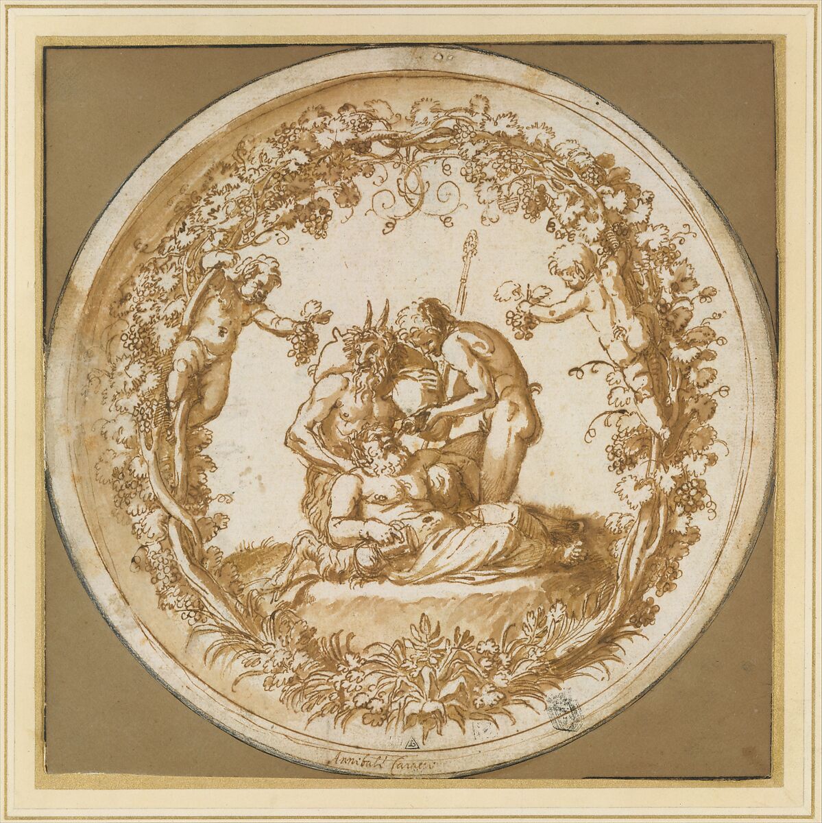 The Drunken SiIenus: Design for the "Tazza Farnese", Annibale Carracci (Italian, Bologna 1560–1609 Rome), Pen and brown ink, brush and brown wash, over traces of black chalk, and stylus compass constructions; framing lines in pen and brown ink and black chalk or charcoal