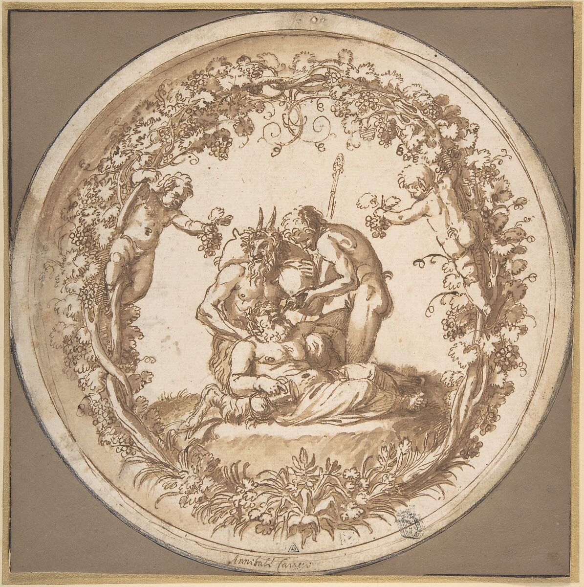 The Drunken SiIenus: Design for the "Tazza Farnese", Annibale Carracci (Italian, Bologna 1560–1609 Rome), Pen and brown ink, brush and brown wash, over traces of black chalk, and stylus compass constructions; framing lines in pen and brown ink and black chalk or charcoal 