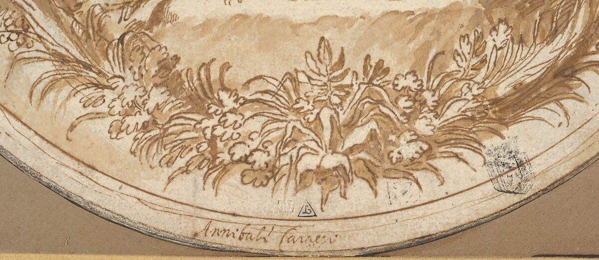 The Drunken SiIenus: Design for the "Tazza Farnese", Annibale Carracci (Italian, Bologna 1560–1609 Rome), Pen and brown ink, brush and brown wash, over traces of black chalk, and stylus compass constructions; framing lines in pen and brown ink and black chalk or charcoal